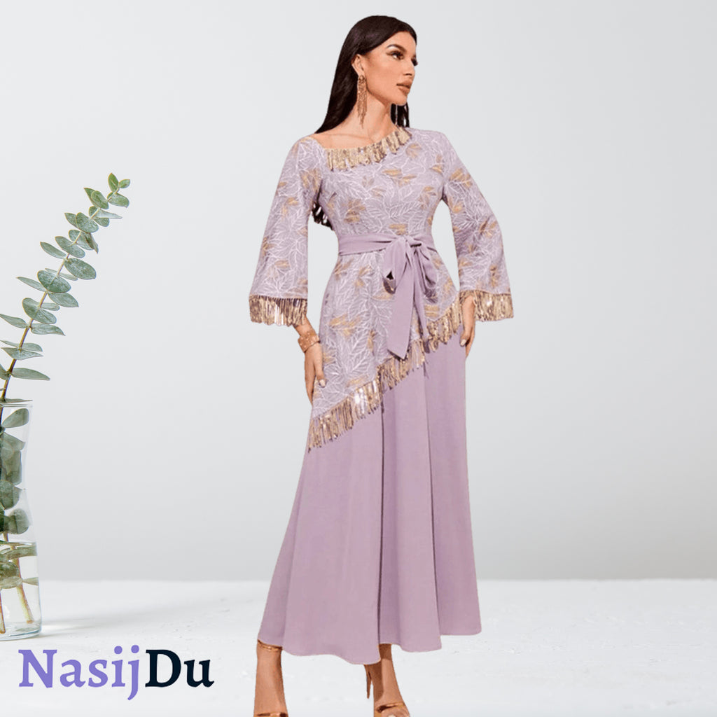 Abaya Brodée à Franges de Paillettes et Fermeture Éclair